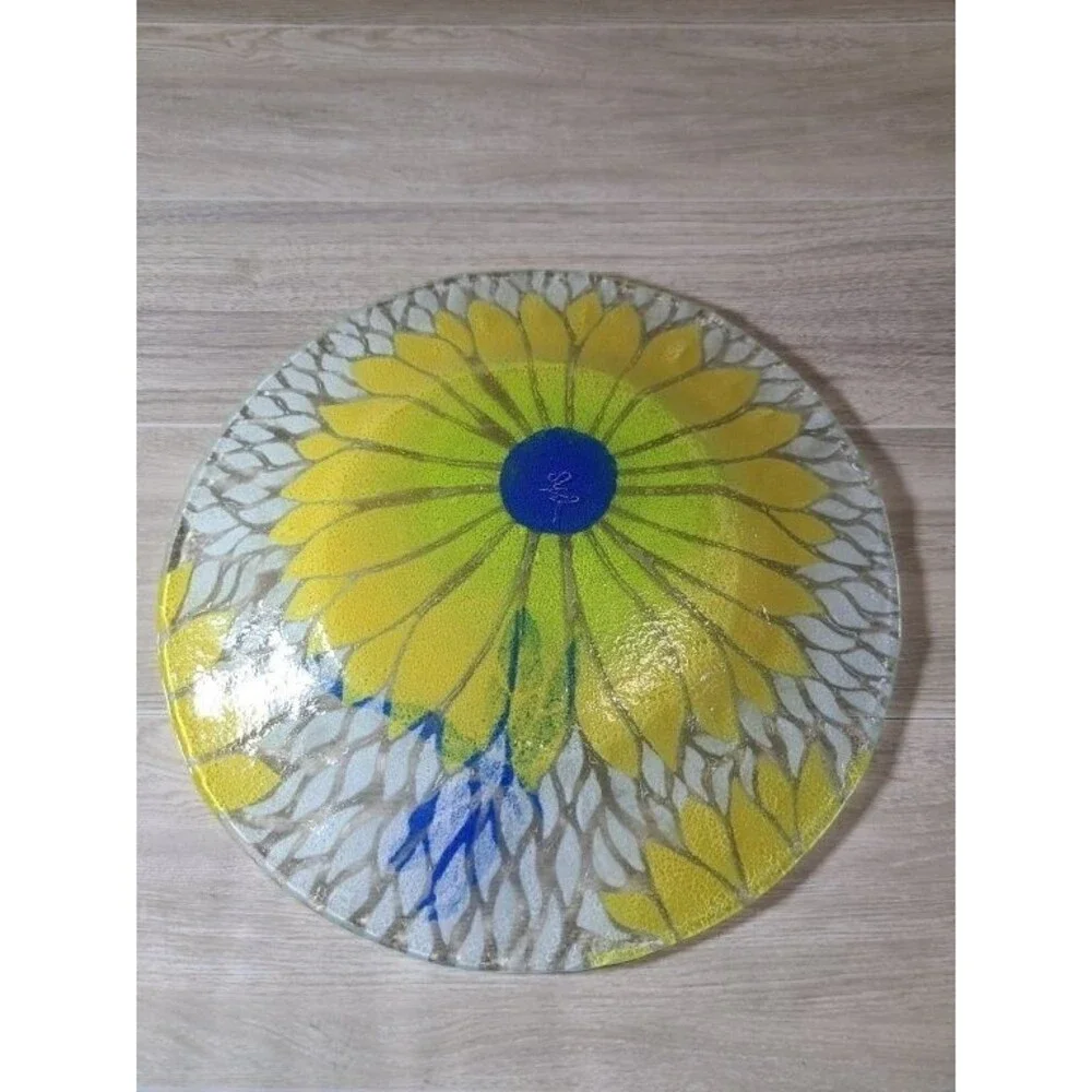 Hand Painted Glass Plate Yellow Flower Dragonfly Stained Glass Style Signed 8.5